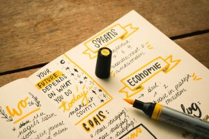 Beschriebene Bullet-Journal-Seite mit gelbem Markerstift